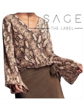 Sage The Label Brown/Cream Snakeskin Print Bell Sleeve Wrap Blouse (L)